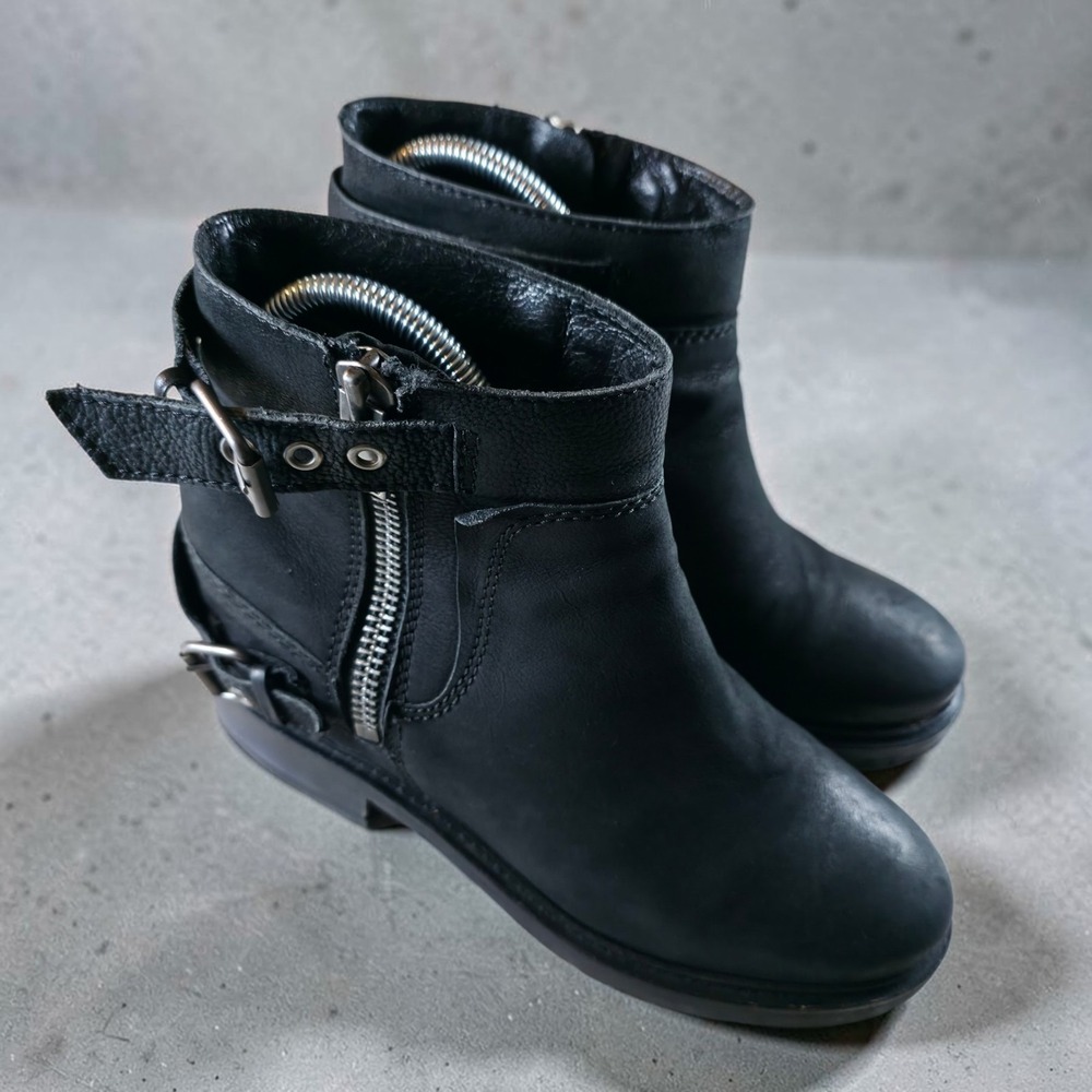 ALLSAINTS Heeled Black Leather Boots Strappy Zip Moto Womens 9.5 - 10 / 40